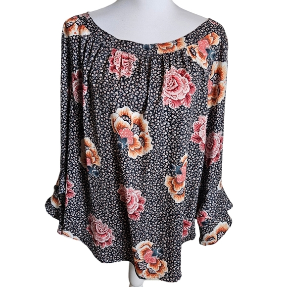 Loft Outlet Floral Print Flowy Blouse Size Large Ruffle Sleeve Career Workwear - Picture 1 of 14